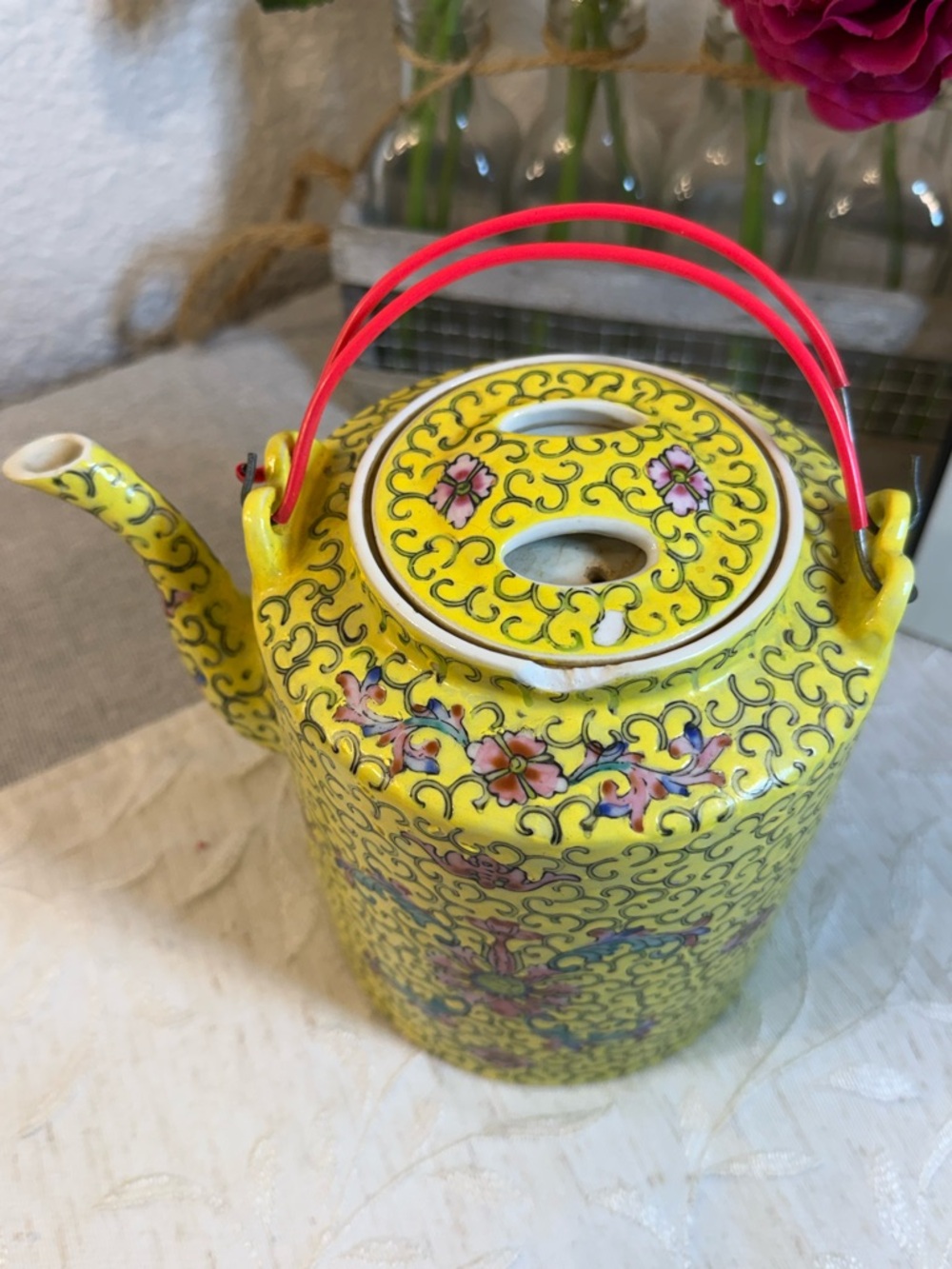 Vintage Chinese Jingdezhen Famille Jaune Dragon Travel Tea Set Wicker Basket 06 - Picture 3 of 16